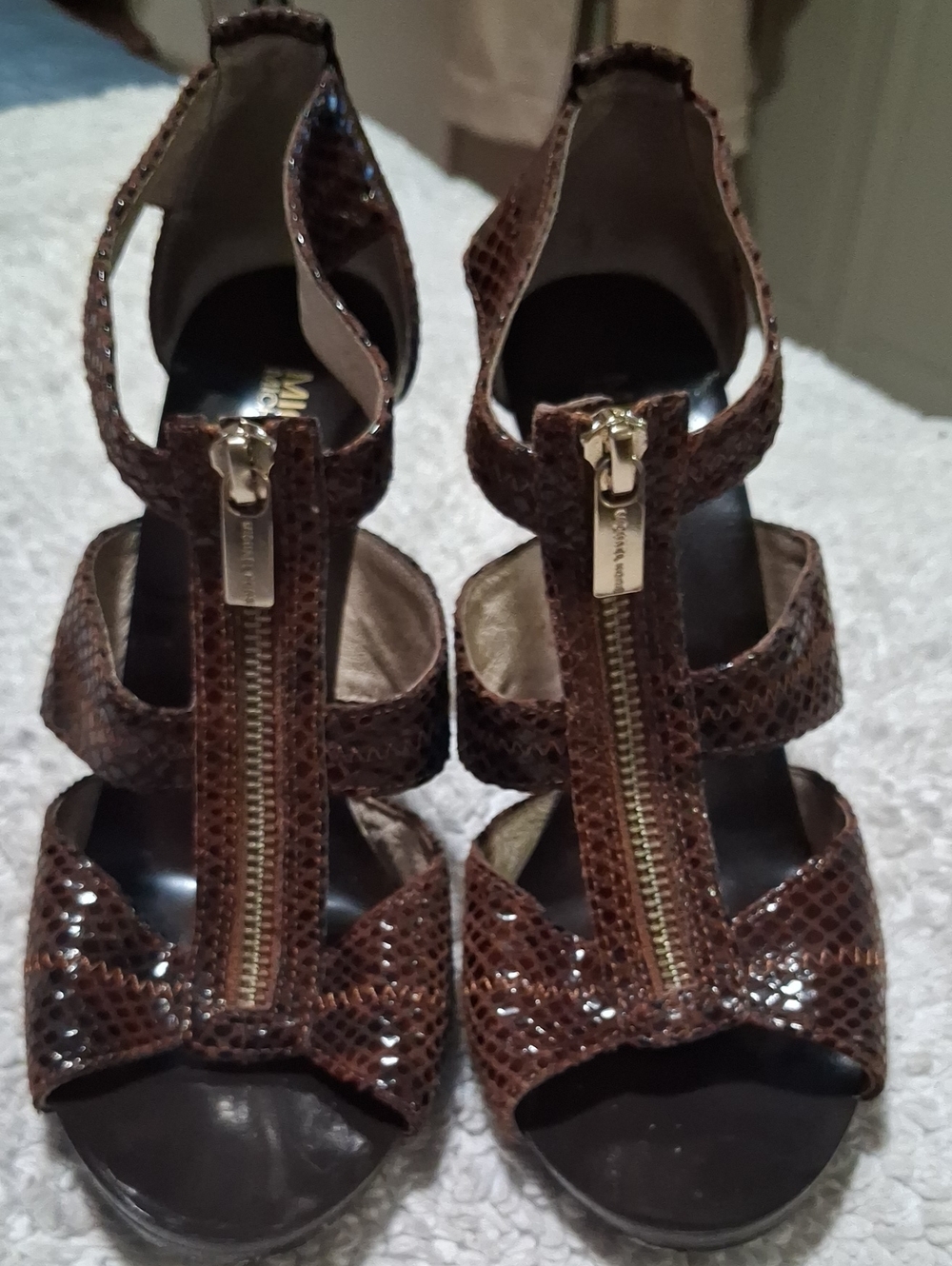 MICHAEL Michael Kors Brown Faux-Snakeskin T-Strap Heels with Gold Zipper